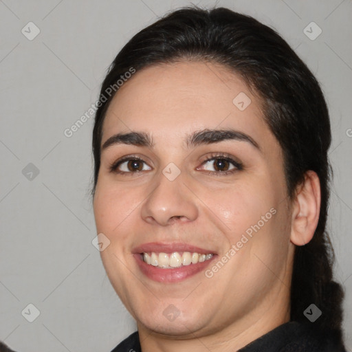 Joyful white young-adult female with medium  brown hair and brown eyes