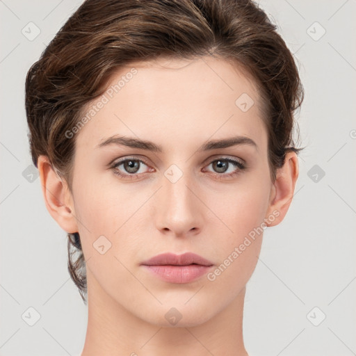 Neutral white young-adult female with short  brown hair and brown eyes