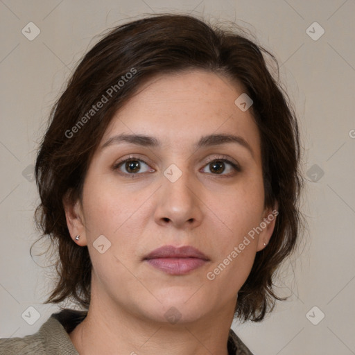 Neutral white young-adult female with medium  brown hair and brown eyes