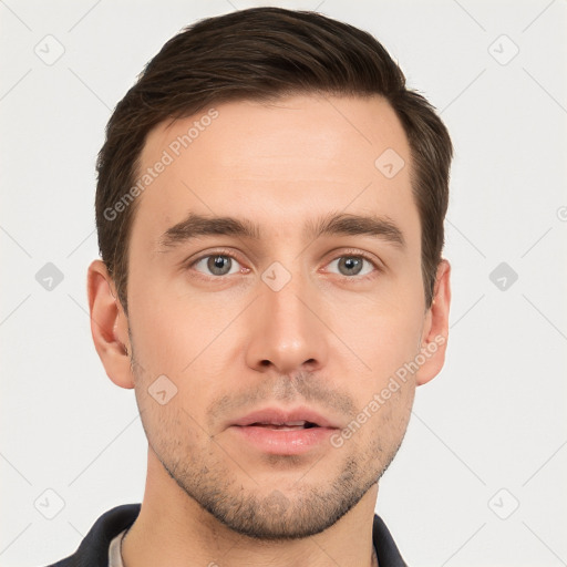 Neutral white young-adult male with short  brown hair and brown eyes