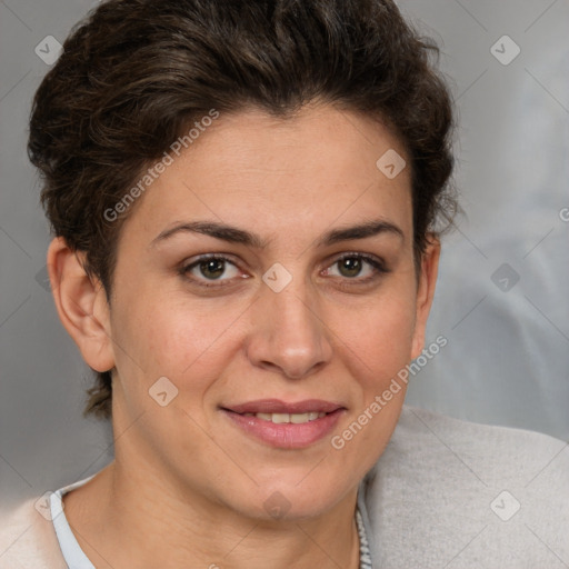 Joyful white adult female with short  brown hair and brown eyes