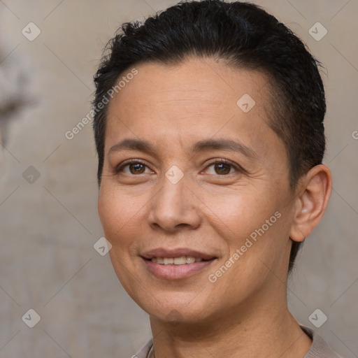 Joyful white adult female with short  brown hair and brown eyes