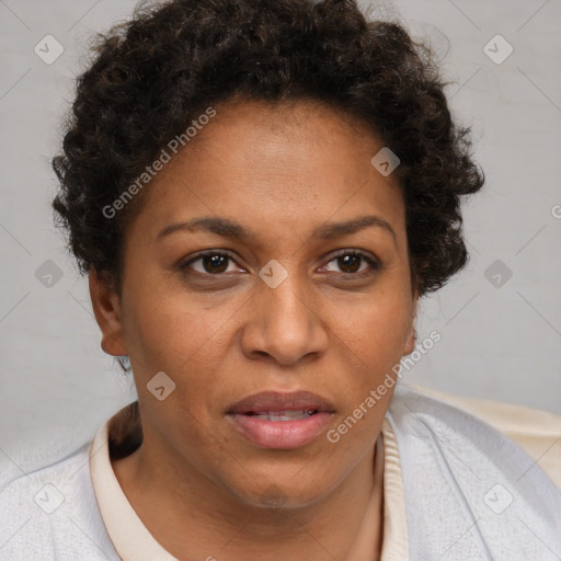 Joyful black adult female with short  brown hair and brown eyes