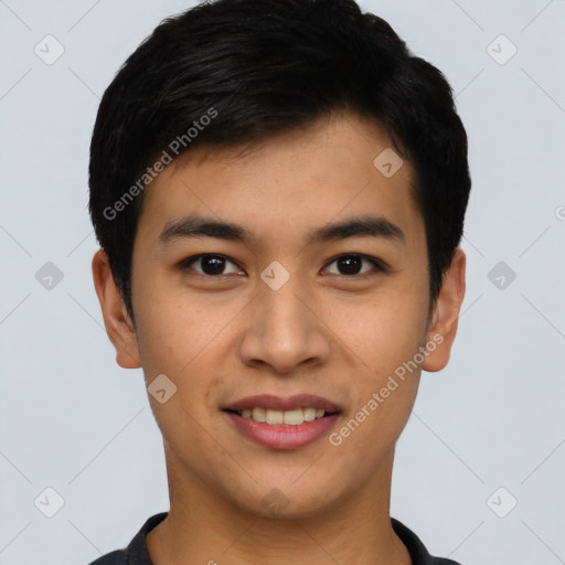 Joyful asian young-adult male with short  brown hair and brown eyes