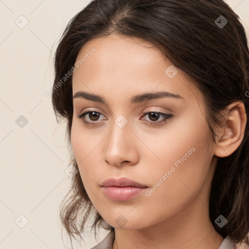 Neutral white young-adult female with medium  brown hair and brown eyes