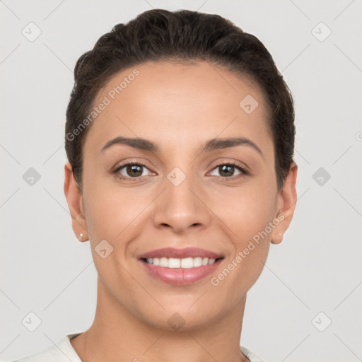 Joyful white young-adult female with short  brown hair and brown eyes