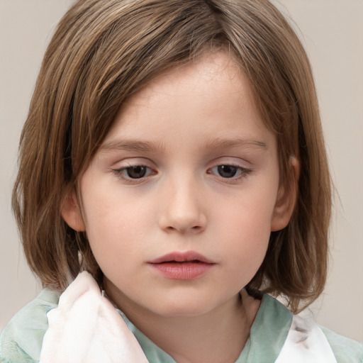 Neutral white child female with medium  brown hair and grey eyes