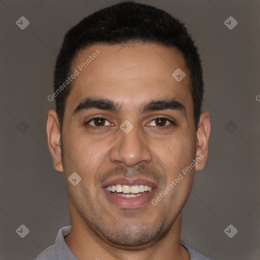 Joyful latino young-adult male with short  brown hair and brown eyes