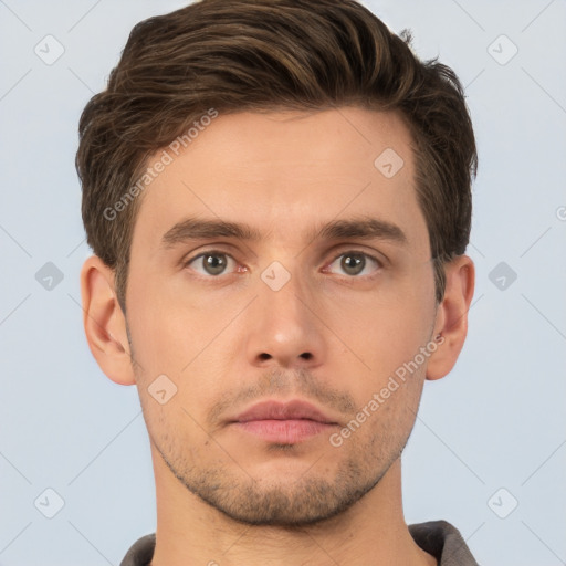 Neutral white young-adult male with short  brown hair and brown eyes