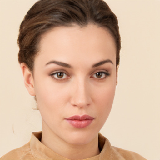 Neutral white young-adult female with short  brown hair and brown eyes