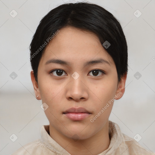 Neutral asian young-adult female with short  black hair and brown eyes