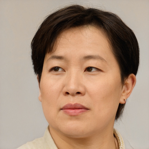 Joyful asian adult female with short  brown hair and brown eyes