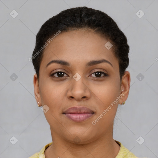 Joyful latino young-adult female with short  brown hair and brown eyes