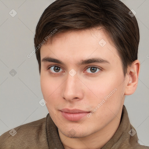 Neutral white young-adult male with short  brown hair and brown eyes