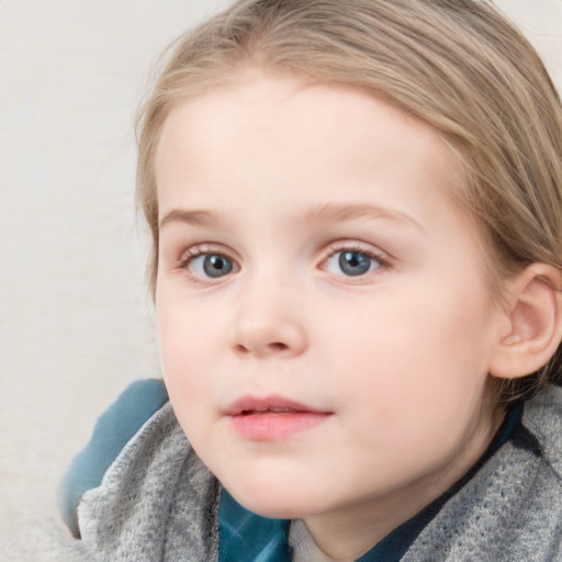 Neutral white child female with medium  brown hair and blue eyes