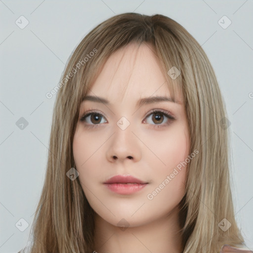 Neutral white young-adult female with long  brown hair and brown eyes