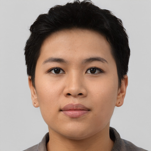 Neutral asian young-adult female with short  black hair and brown eyes