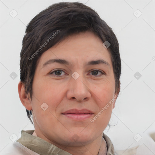 Joyful white adult female with short  brown hair and brown eyes