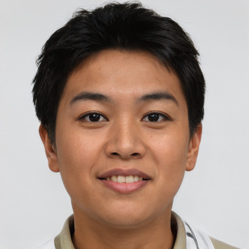 Joyful asian young-adult female with short  brown hair and brown eyes