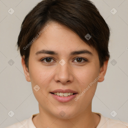 Joyful white young-adult female with short  brown hair and brown eyes