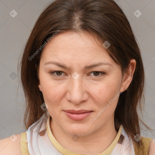 Joyful white young-adult female with medium  brown hair and brown eyes