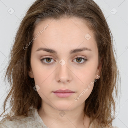 Neutral white young-adult female with medium  brown hair and brown eyes