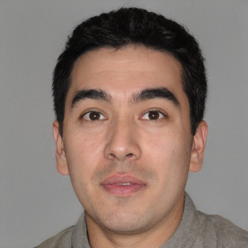 Neutral asian young-adult male with short  black hair and brown eyes