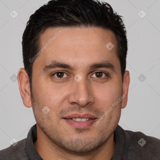 Joyful white young-adult male with short  brown hair and brown eyes