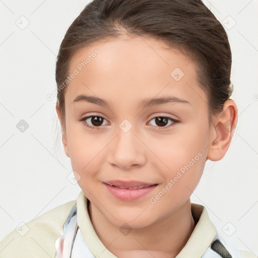 Joyful white child female with medium  brown hair and brown eyes