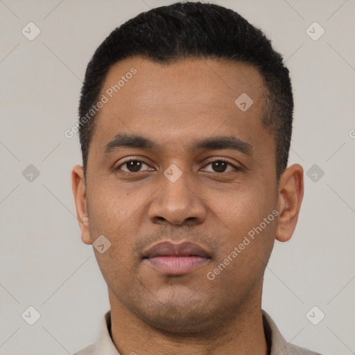Neutral latino young-adult male with short  black hair and brown eyes