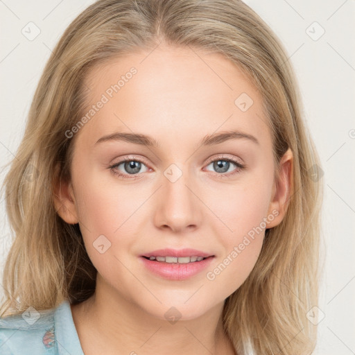 Joyful white young-adult female with medium  brown hair and blue eyes