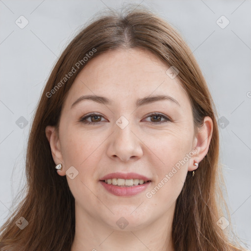 Joyful white young-adult female with long  brown hair and grey eyes