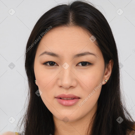 Joyful asian young-adult female with long  brown hair and brown eyes