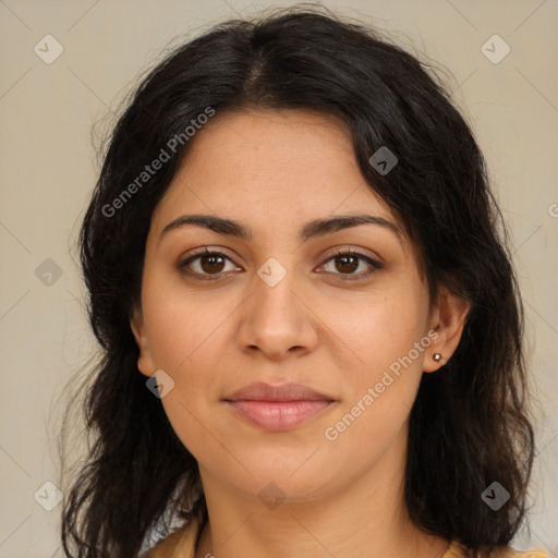 Joyful latino young-adult female with long  brown hair and brown eyes