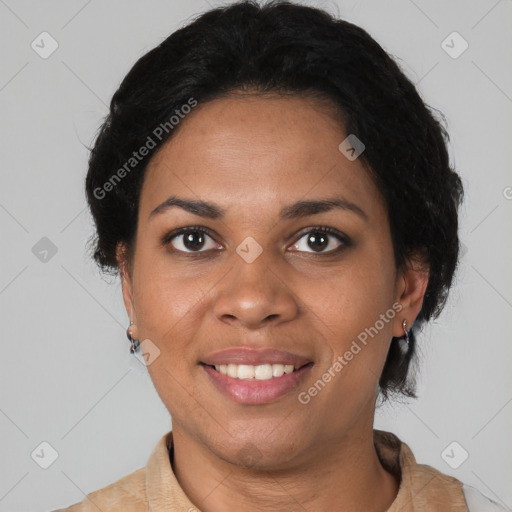 Joyful black young-adult female with medium  black hair and brown eyes