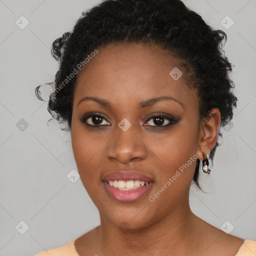 Joyful black young-adult female with medium  black hair and brown eyes