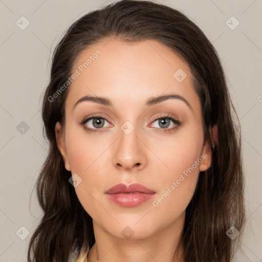 Neutral white young-adult female with long  brown hair and brown eyes