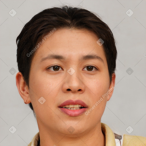 Joyful white young-adult female with short  brown hair and brown eyes