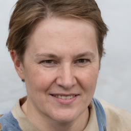 Joyful white adult female with short  brown hair and grey eyes