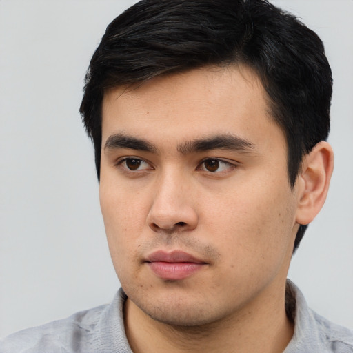 Neutral asian young-adult male with short  black hair and brown eyes