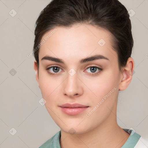 Neutral white young-adult female with medium  brown hair and brown eyes