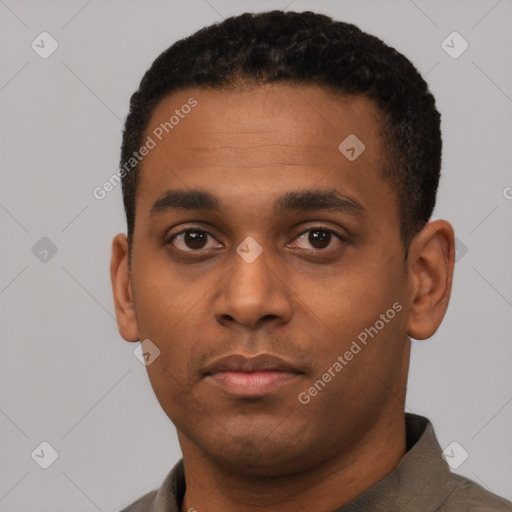 Neutral latino young-adult male with short  black hair and brown eyes