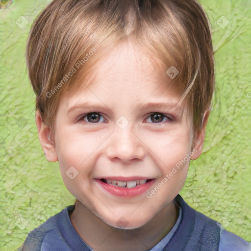 Joyful white child female with short  brown hair and brown eyes