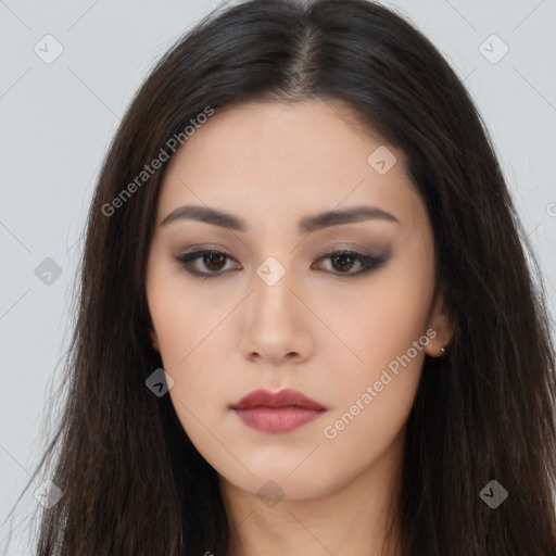 Neutral asian young-adult female with long  brown hair and brown eyes