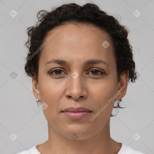 Neutral white young-adult female with short  brown hair and brown eyes