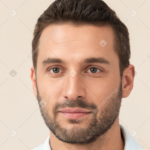 Neutral white young-adult male with short  brown hair and brown eyes