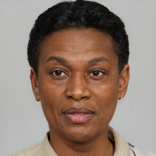 Joyful black adult female with short  black hair and brown eyes
