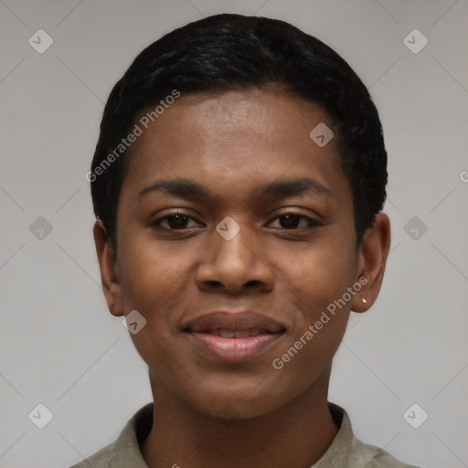 Joyful black young-adult female with short  black hair and brown eyes