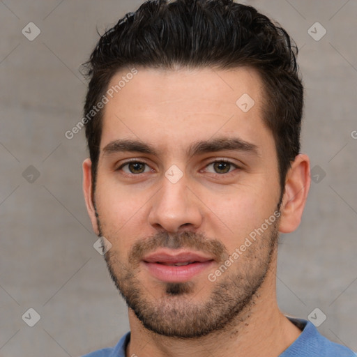 Neutral white young-adult male with short  black hair and brown eyes