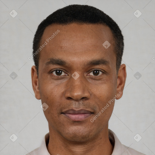 Neutral black young-adult male with short  black hair and brown eyes